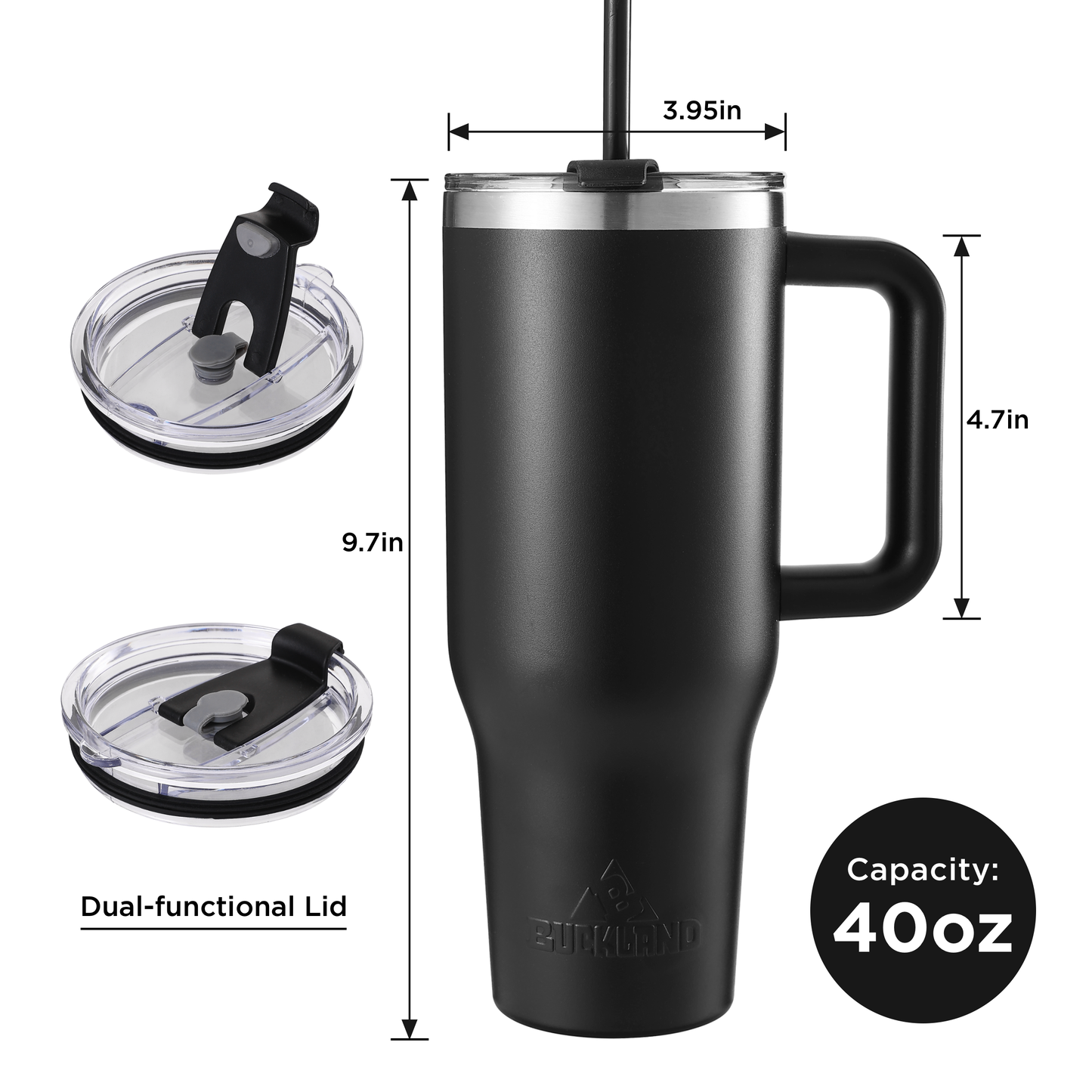 A black 40oz stainless steel tumbler with a handle and a 3-in-1 lid with a straw