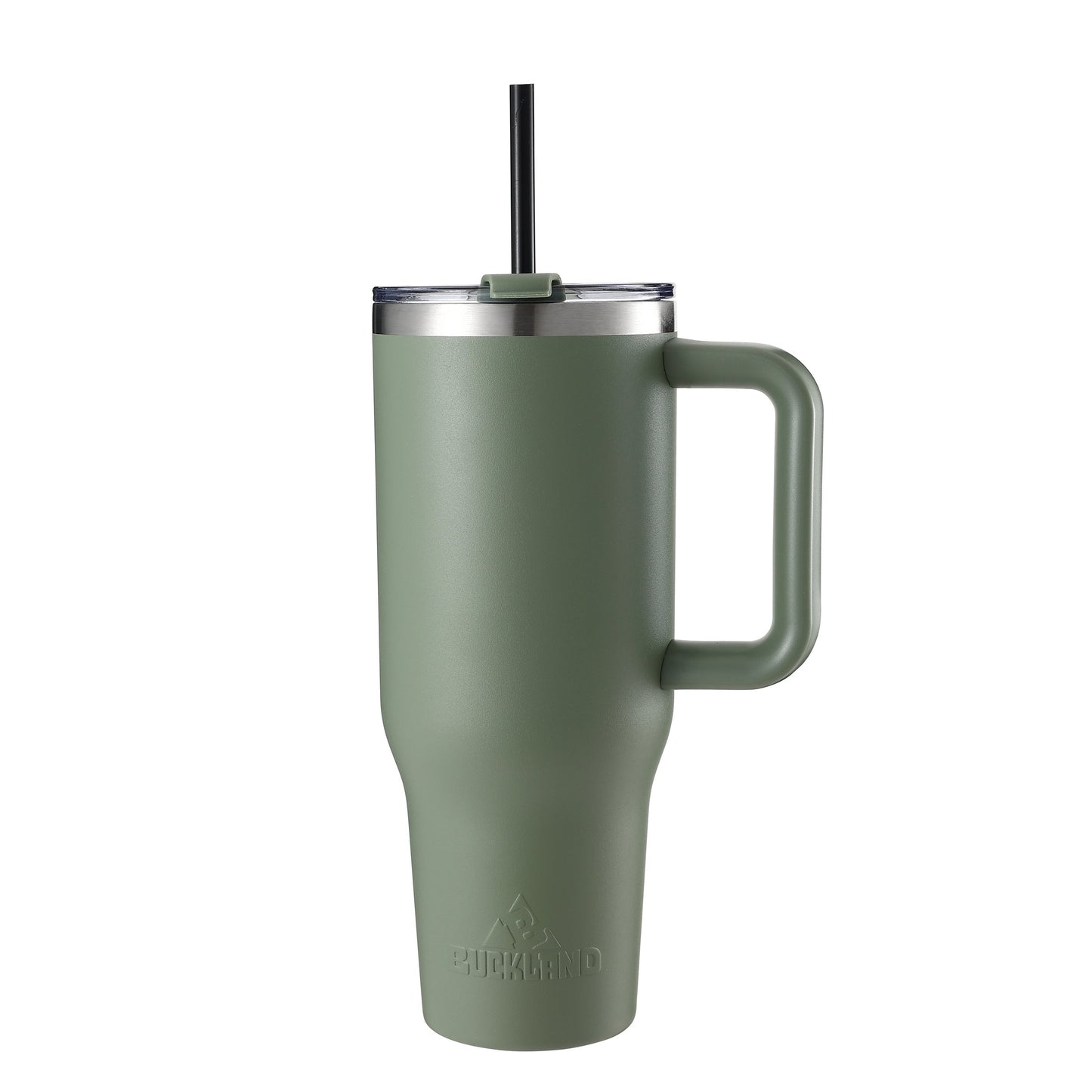 A green 40oz stainless steel tumbler with a handle and a 3-in-1 lid with a straw protruding from the top.