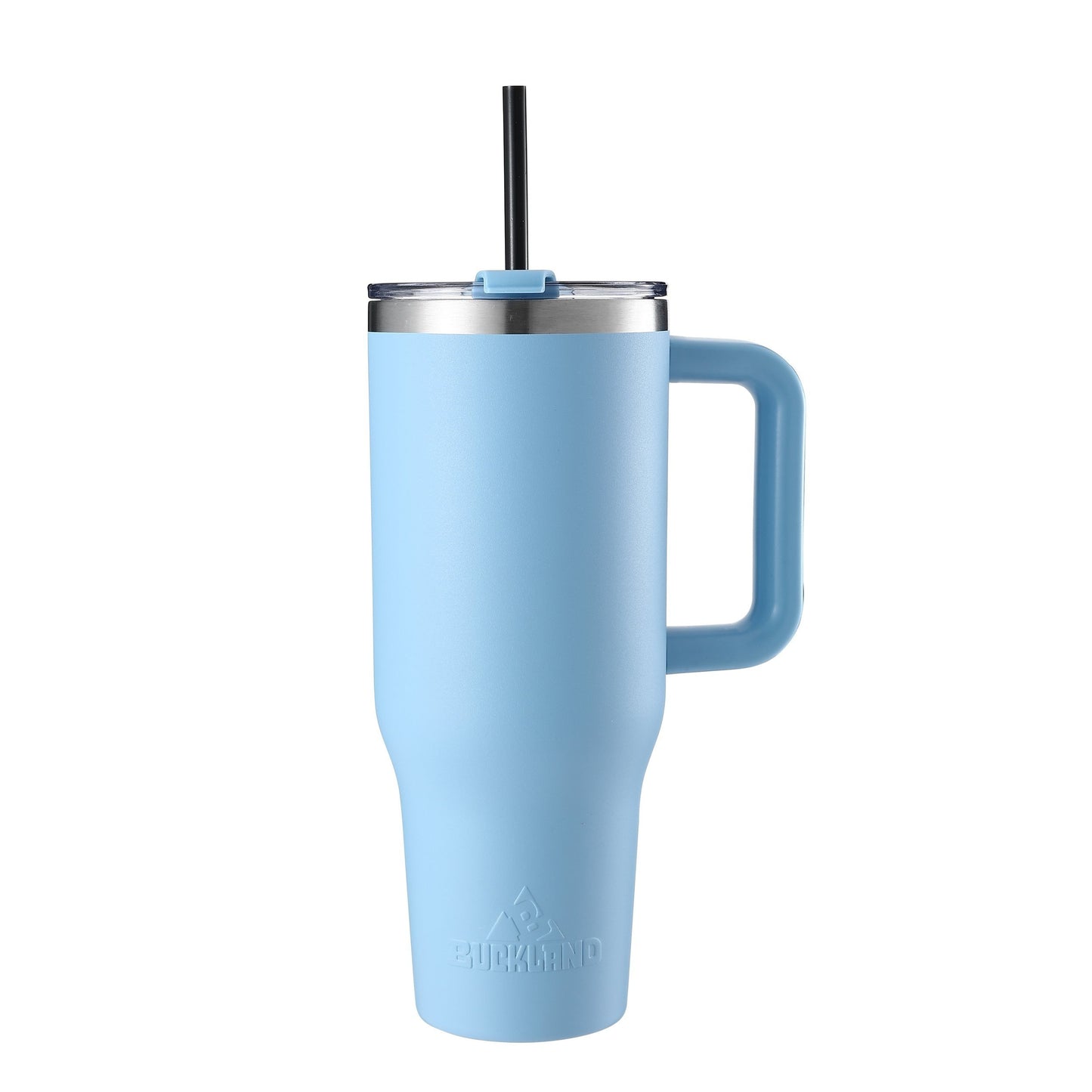 A sky blue 40oz stainless steel tumbler with a handle and a 3-in-1 lid with a straw protruding from the top.