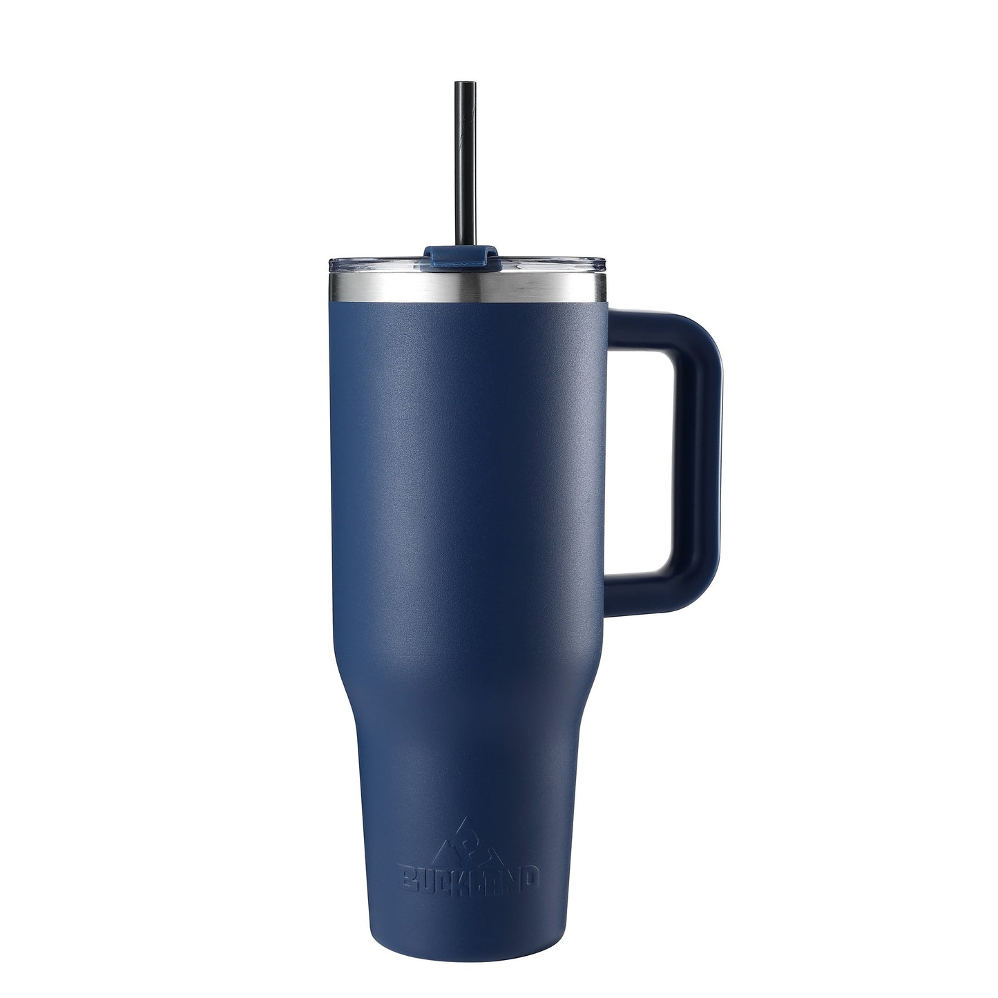 A Navy blue 40oz stainless steel tumbler with a handle and a 3-in-1 lid with a straw protruding from the top.