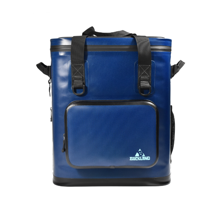 "25-liter insulated backpack cooler in black with multiple pockets for camping and hiking adventures"