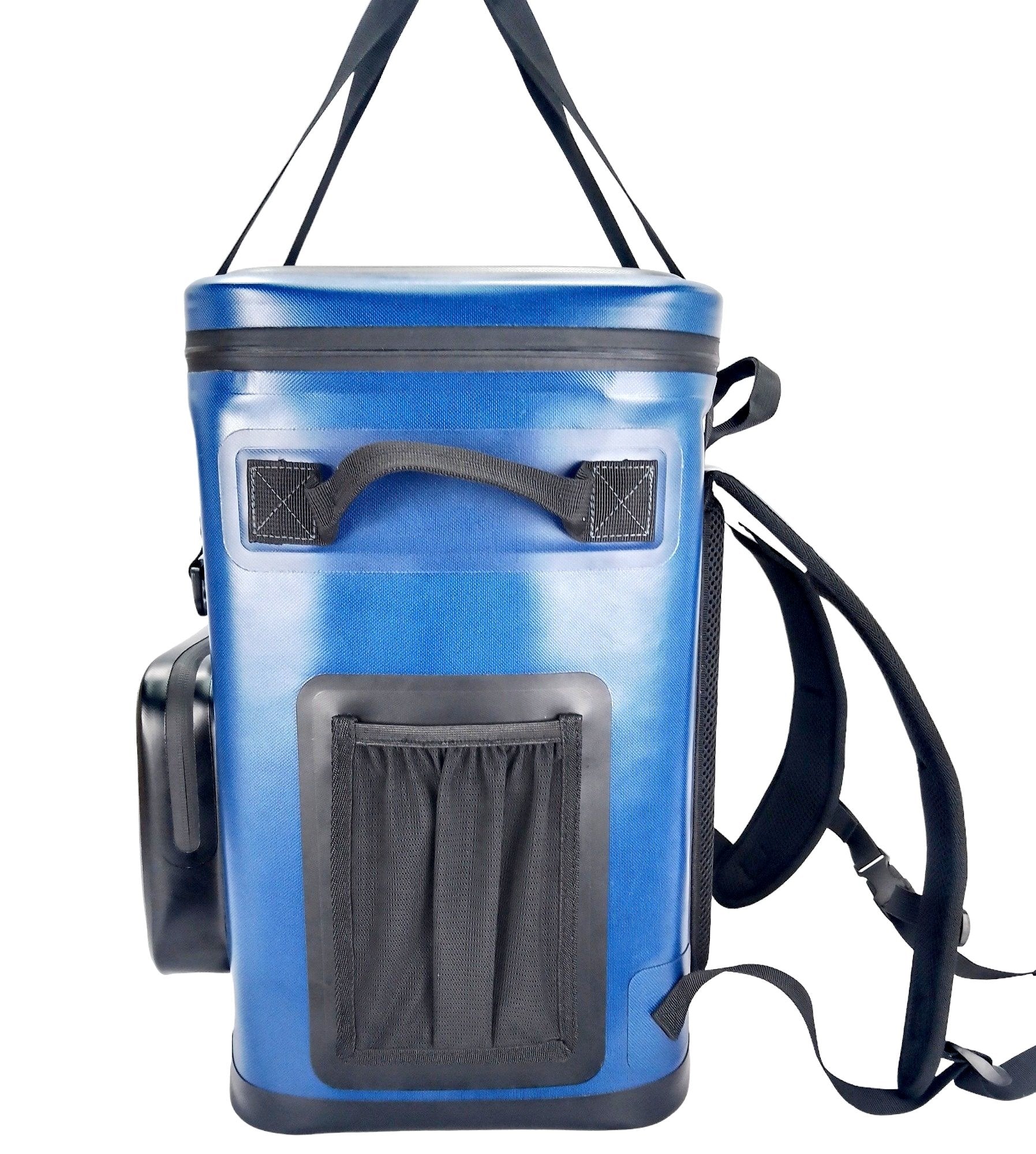 "25-liter insulated backpack cooler in black with multiple pockets for camping and hiking adventures"